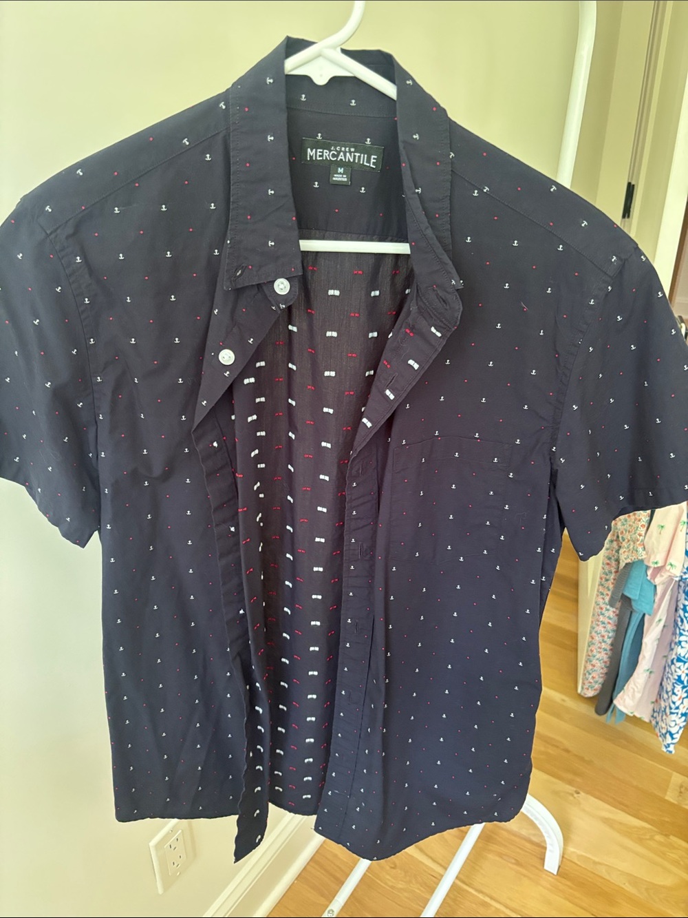 J. Crew Men’s Short-Sleeve Navy Button-Down Shirt with Micro Dot Accent